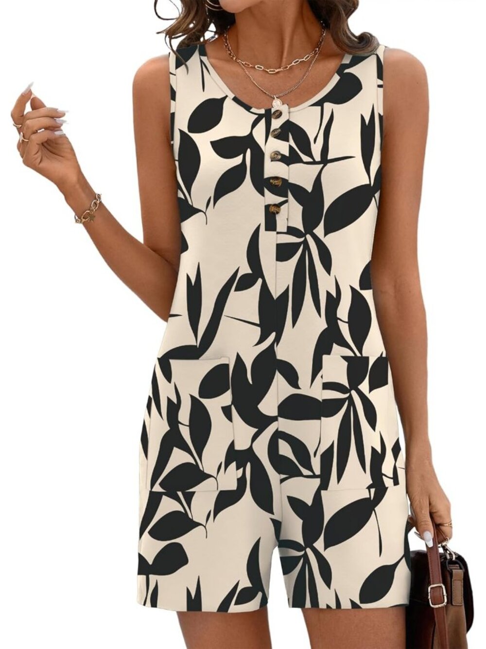 Women Black Floral Polyester Casual Sleeveless Scoop Neck Short Jumpsuits Romper